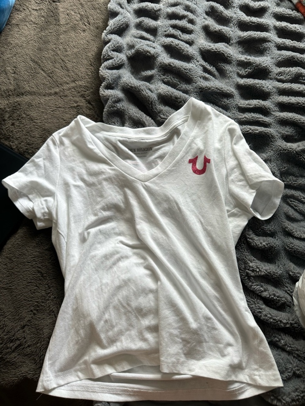 True Religion White V-Neck Tee with Pink Gem Logo